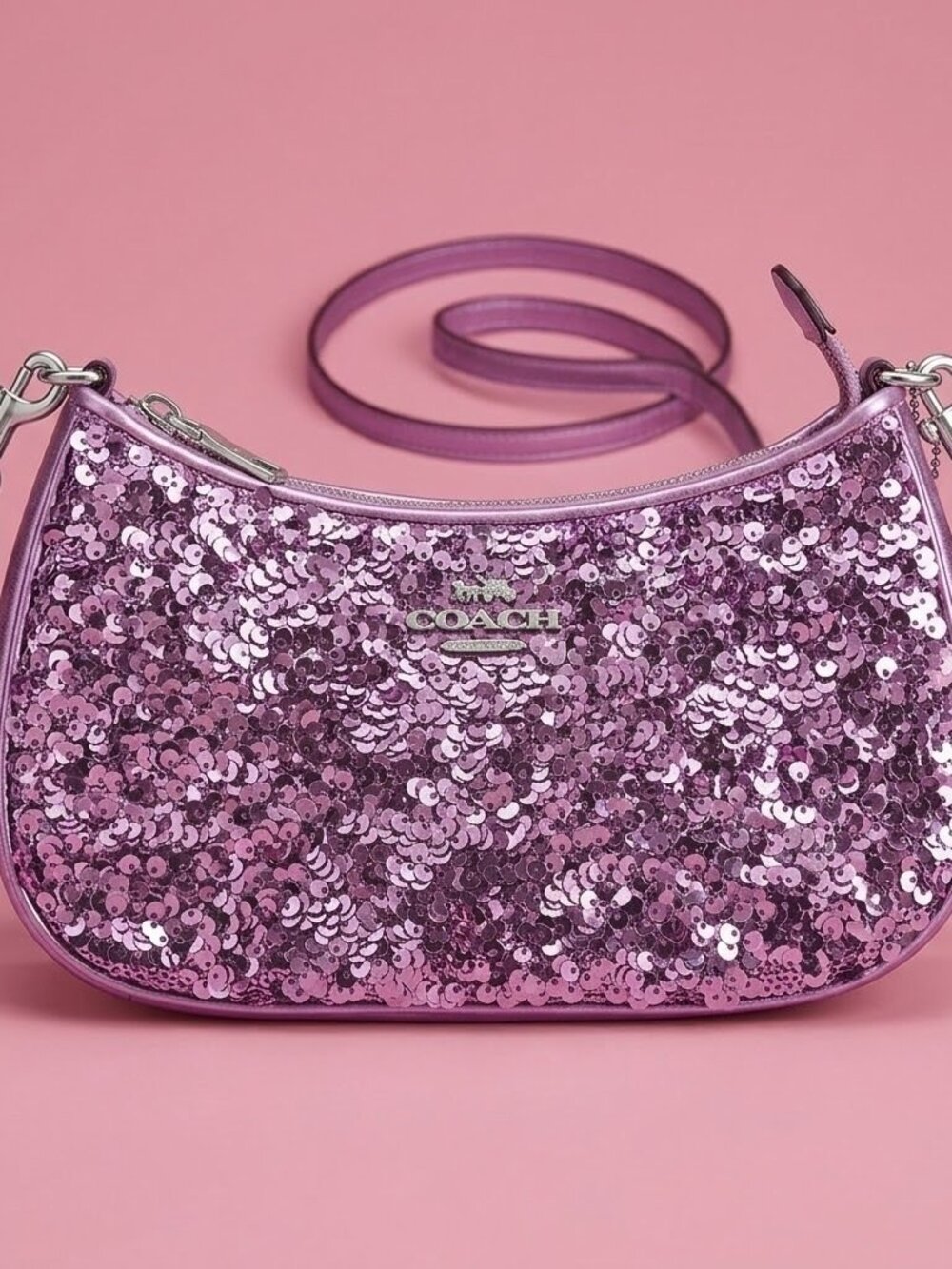 NWT Coach Teri Shoulder Bag with Purple Sequins and Silver Hardware
